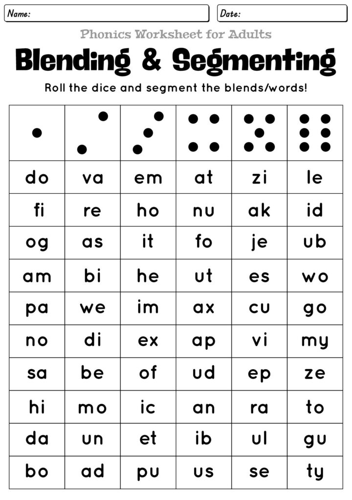Phonics worksheet with dice and letter-syllable grid