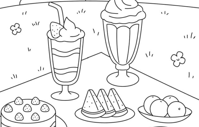 Picnic table with desserts and drinks outdoors