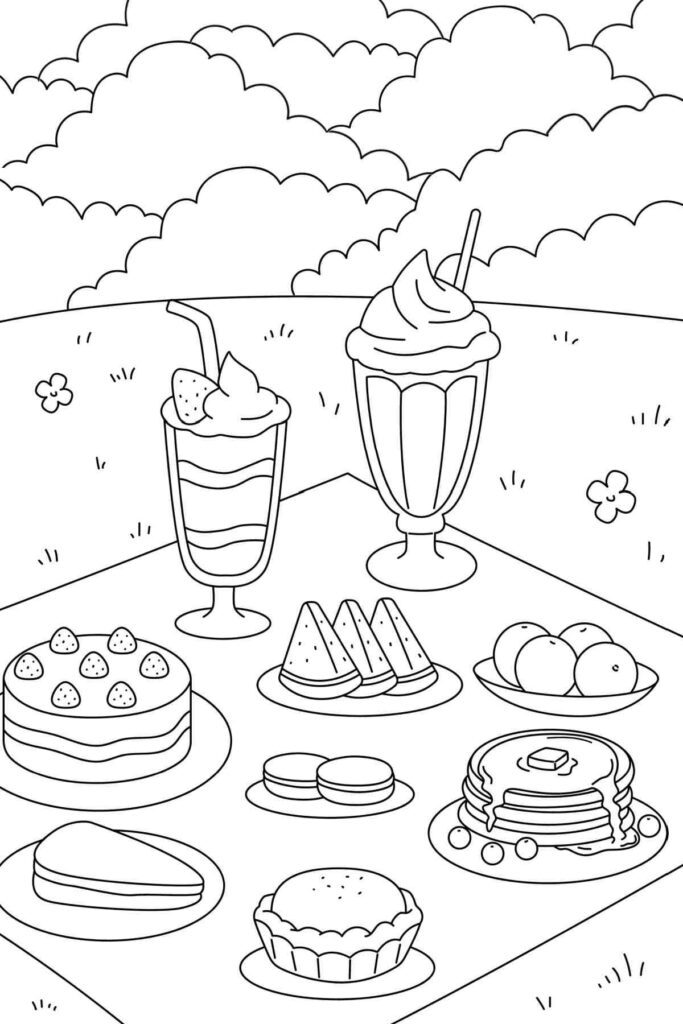 Picnic table with desserts and drinks outdoors