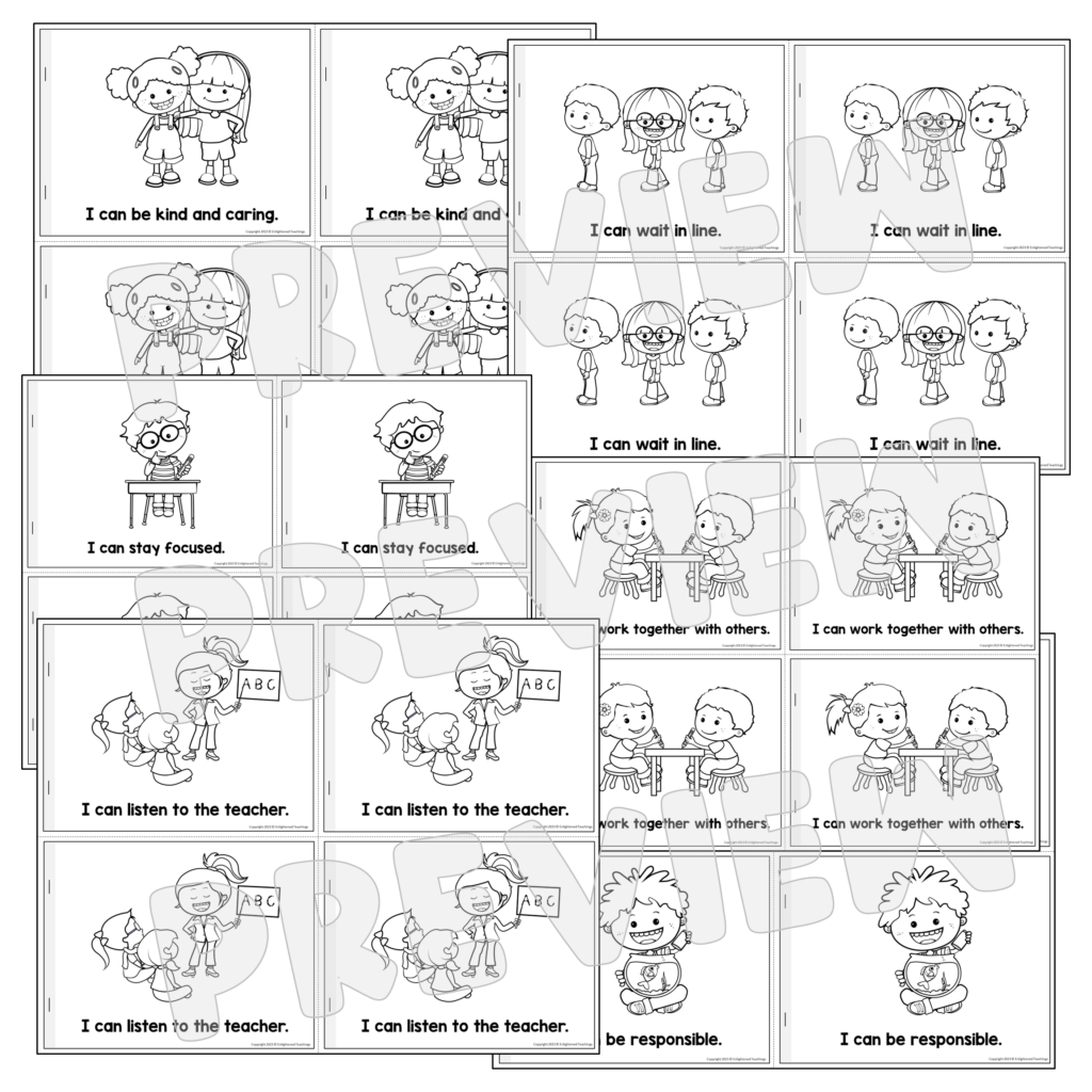 Collage of kindergarten behavior worksheet pages with cartoon children