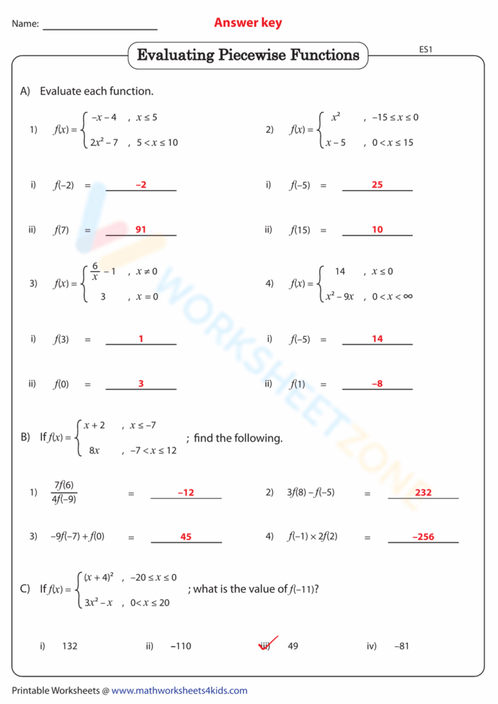 Math worksheet answer key about evaluating piecewise functions