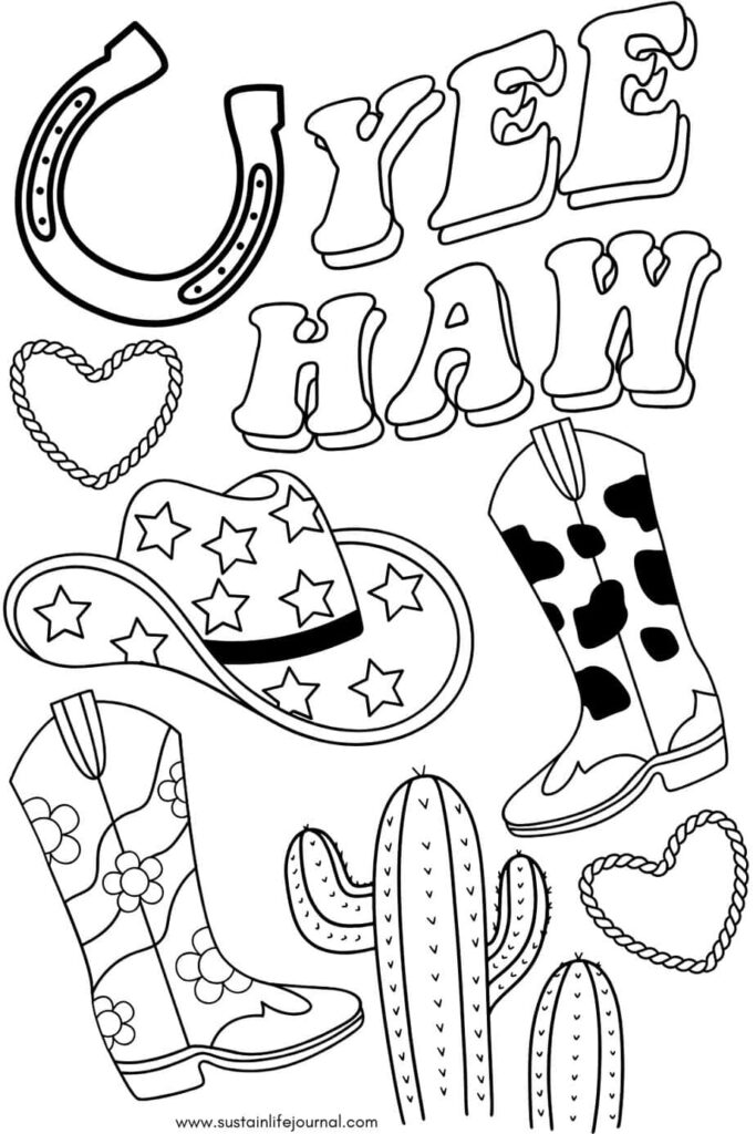 Cowgirl-themed coloring page with boots, hat, cactus, hearts, and horseshoes
