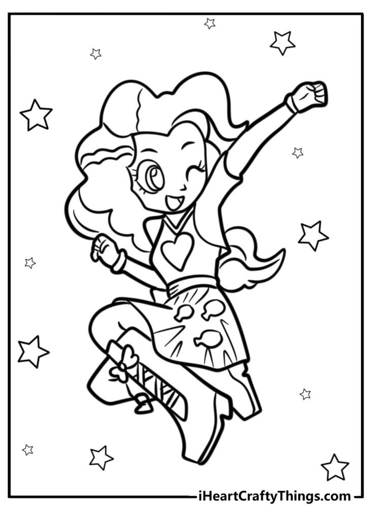 Cartoon girl jumping with stars on white page