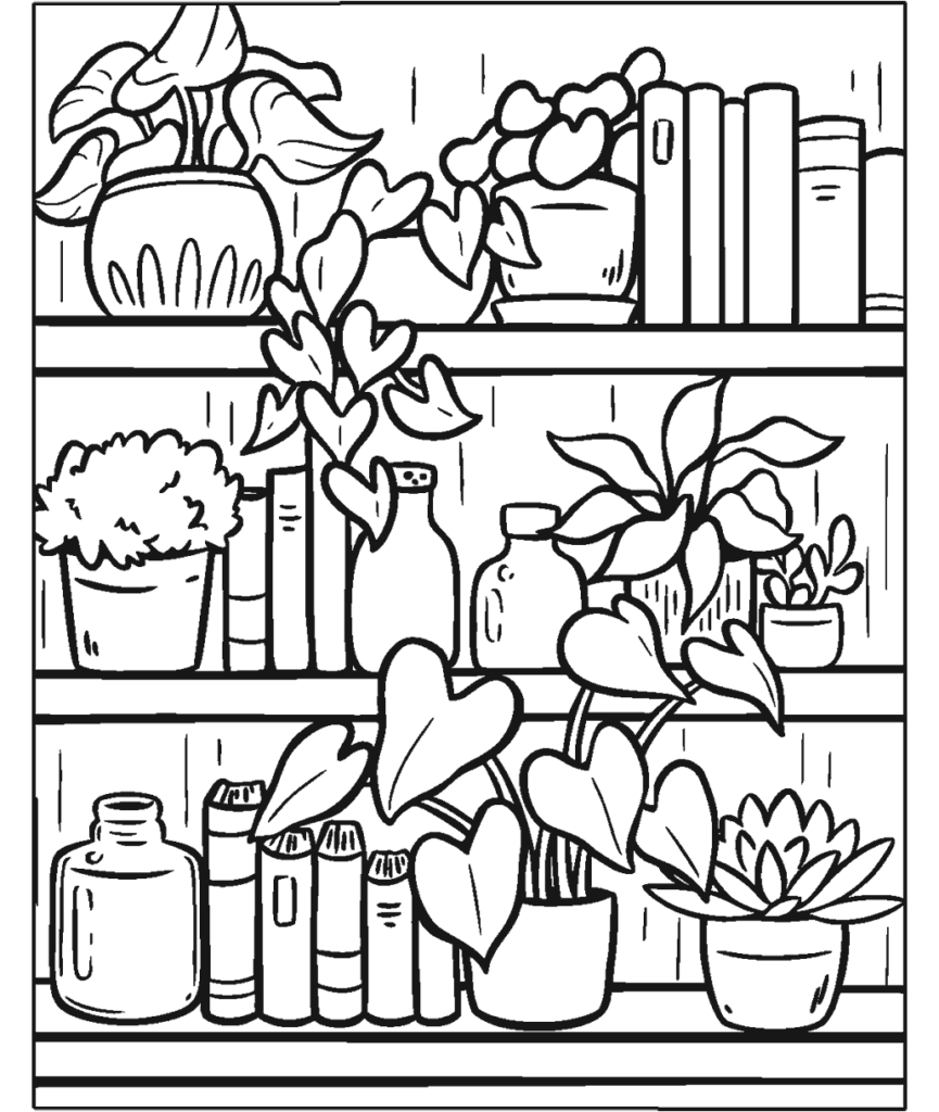 Black-and-white bookshelf with potted plants and books