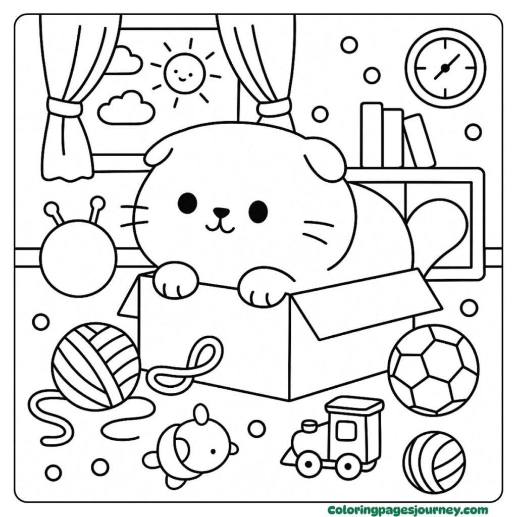 Cartoon cat sitting in a box with toys
