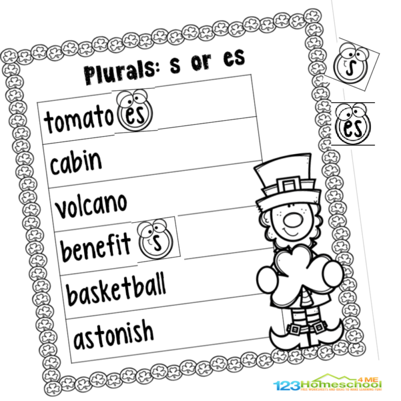 St. Patrick’s Day worksheet with plural words and leprechaun