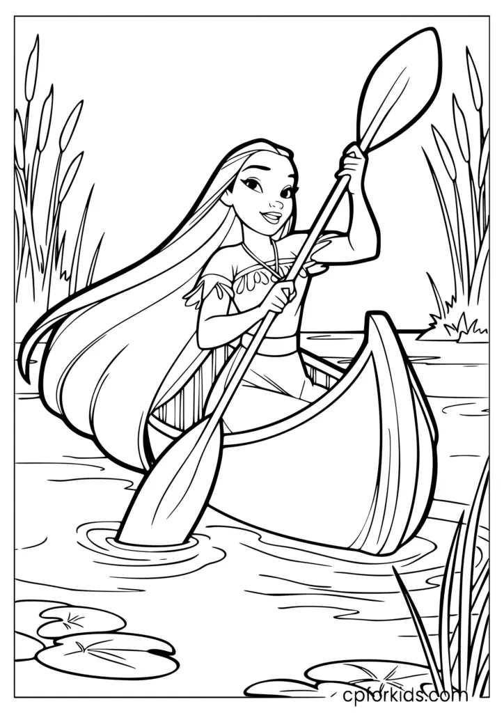 Black-and-white drawing of girl canoeing through reeds