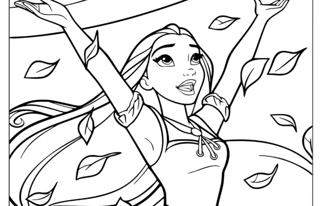 Princess woman with raised arms amid swirling leaves