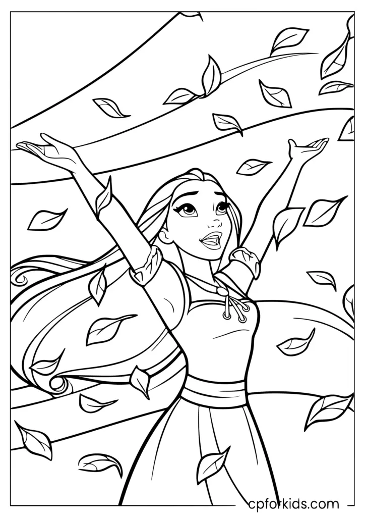 Princess woman with raised arms amid swirling leaves