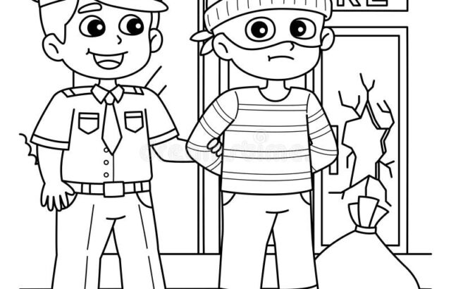 Cartoon police officer with masked burglar by broken window
