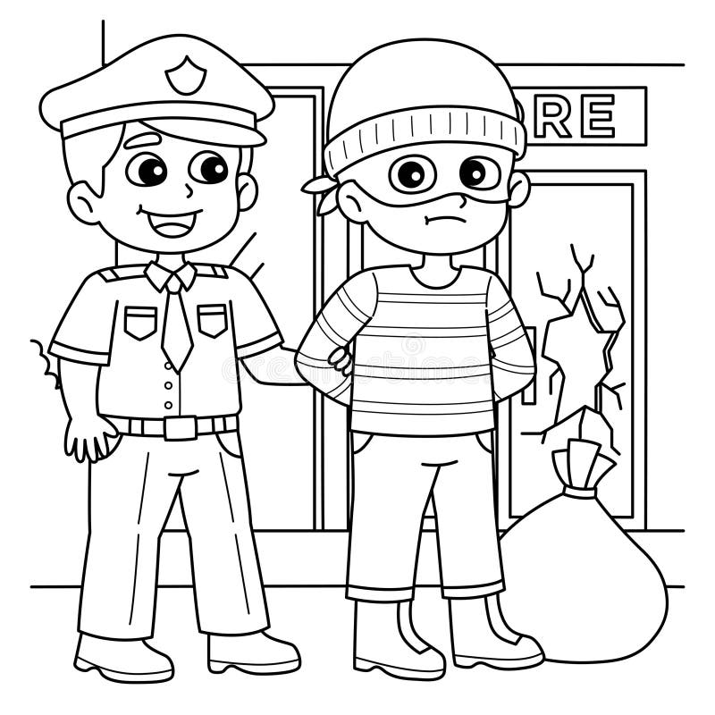 Cartoon police officer with masked burglar by broken window