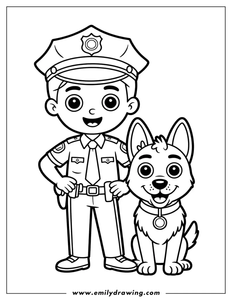 Cartoon police officer standing beside a dog illustration