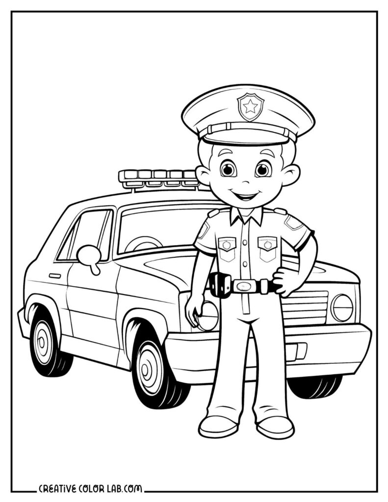 Cartoon police officer standing before patrol car
