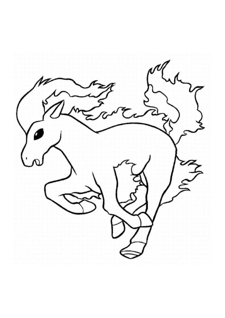 Black-and-white line drawing of a running horse