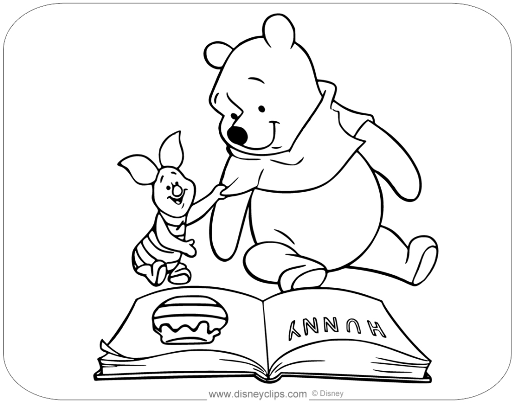 Winnie the Pooh and Piglet beside open picture book