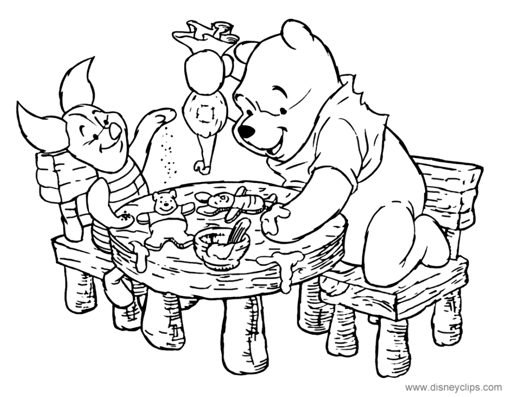Winnie the Pooh and Piglet at table with honey
