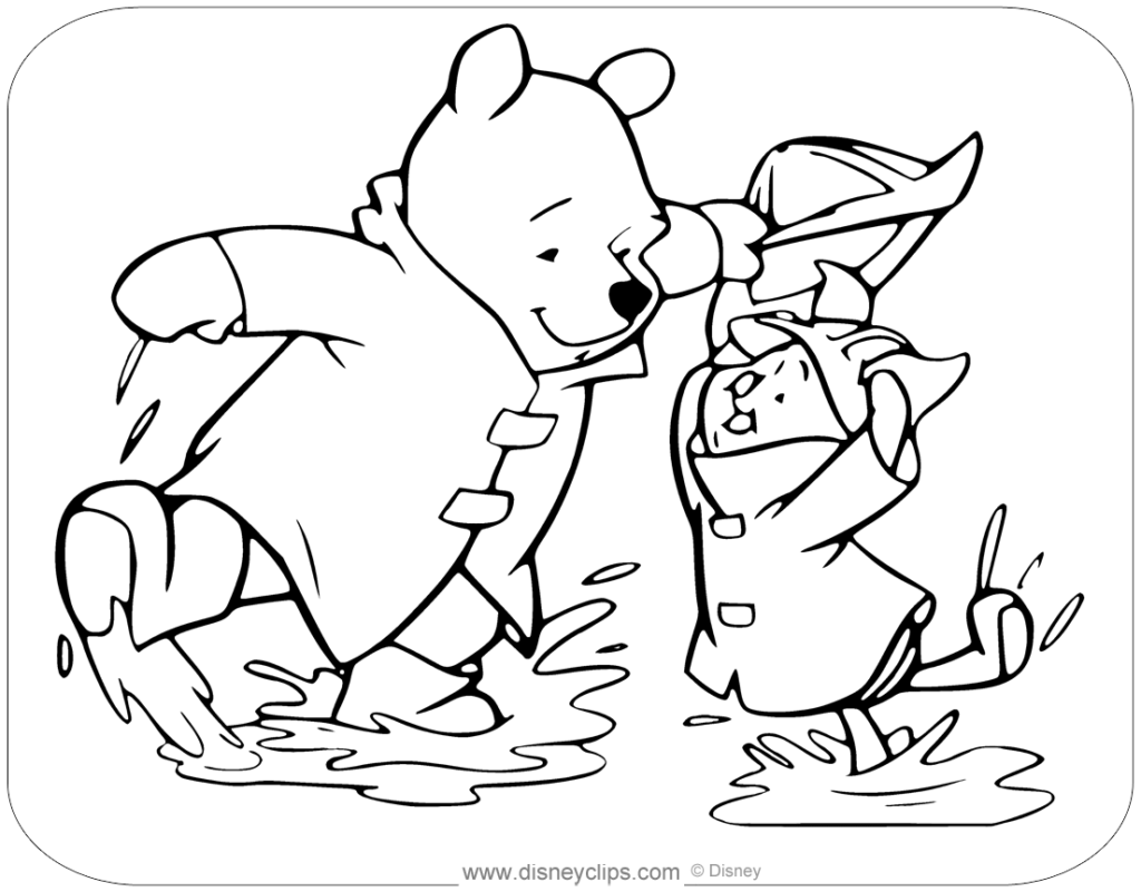 Winnie the Pooh and Piglet splashing through puddles