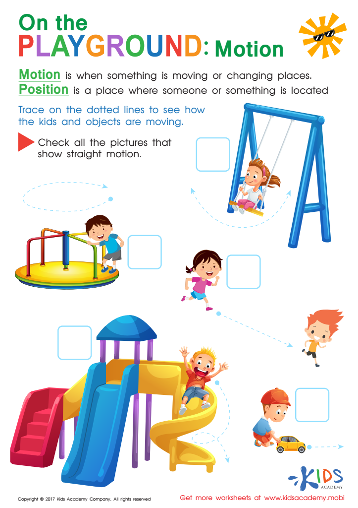 Children on playground motion worksheet with arrows and boxes