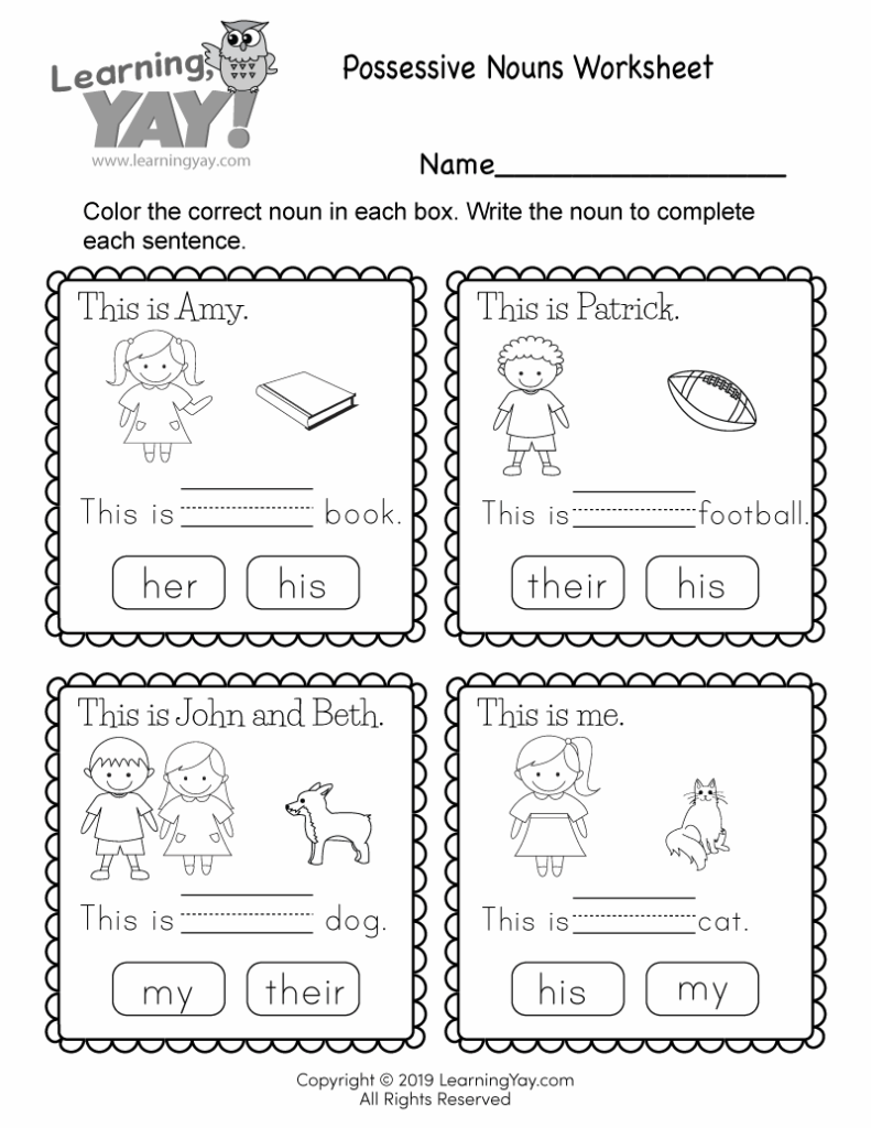 Possessive nouns worksheet with four cartoon exercises