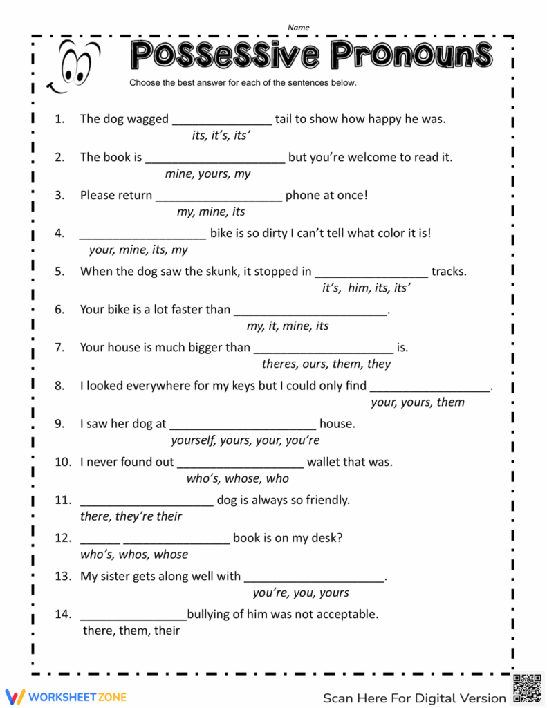 Possessive pronouns worksheet with fill-in-the-blank sentences