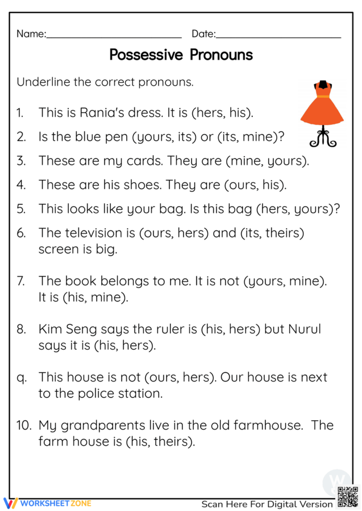 Possessive pronouns worksheet with numbered questions