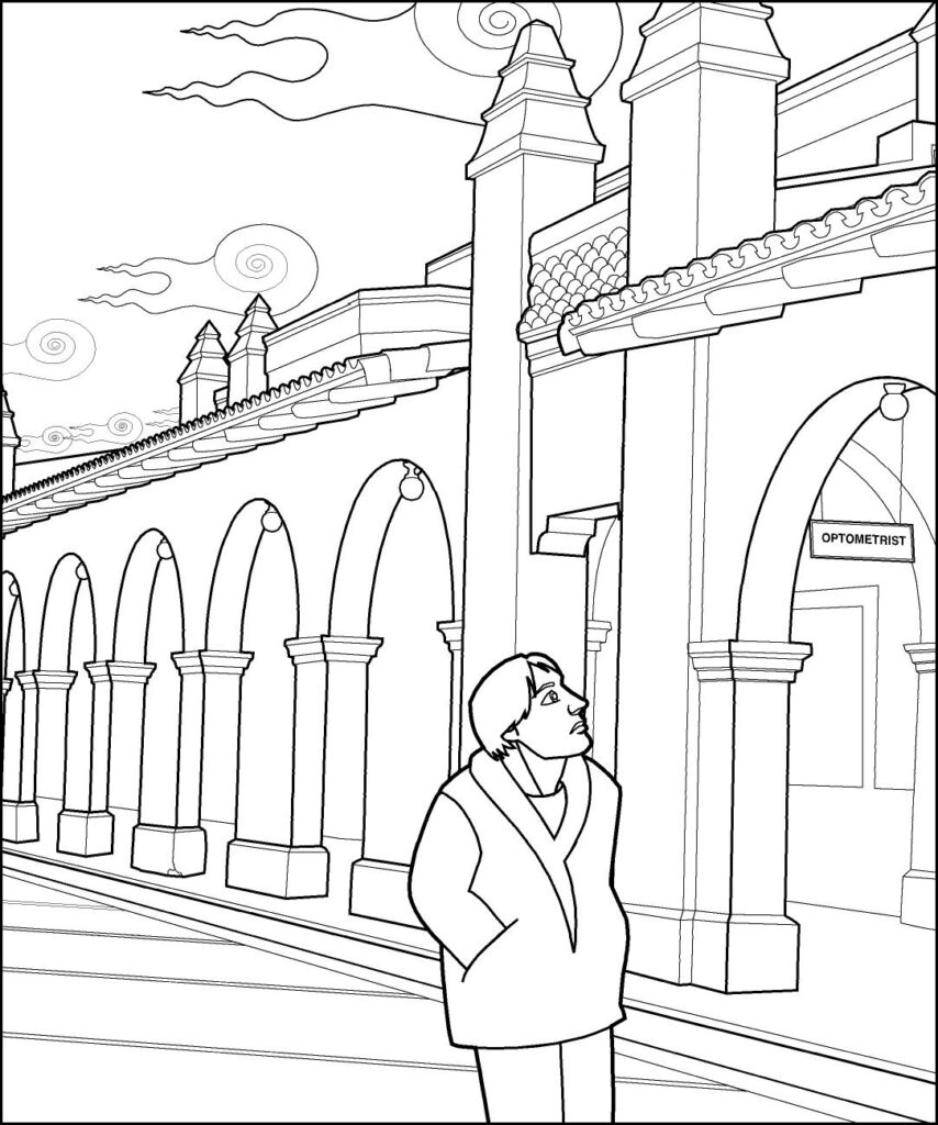 Man standing outside arched building labeled optometrist