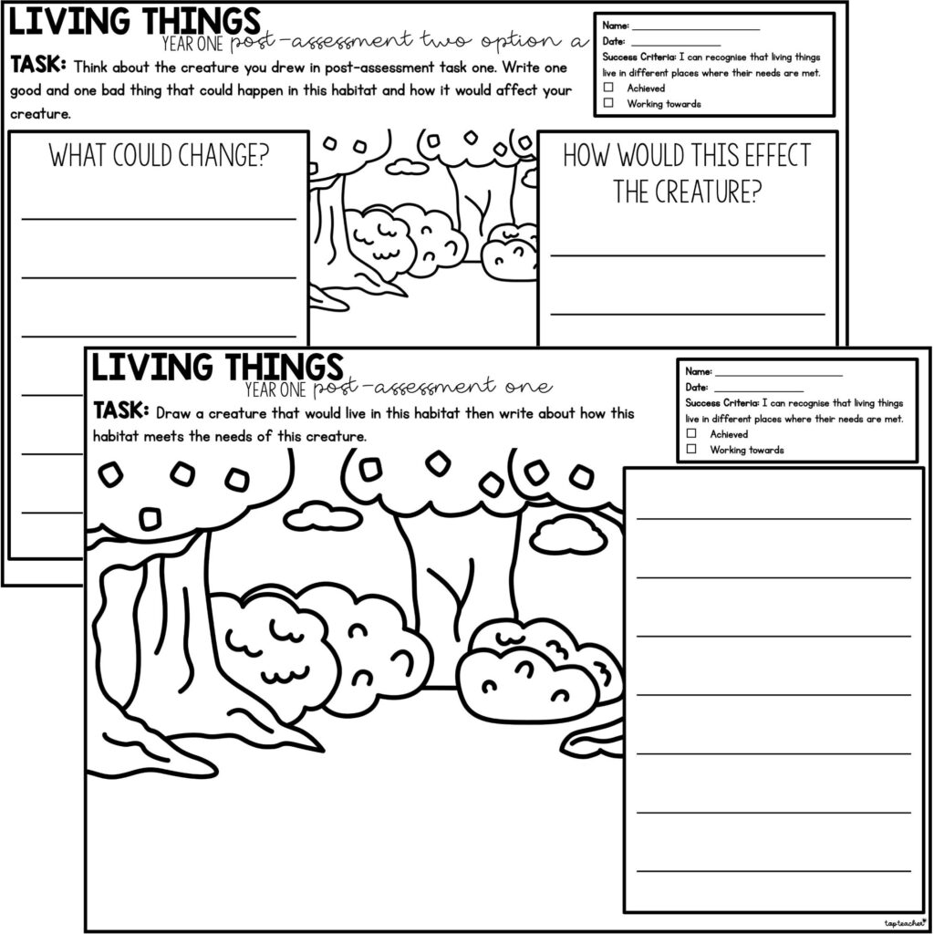 Two overlapping living things worksheet pages with forest drawings