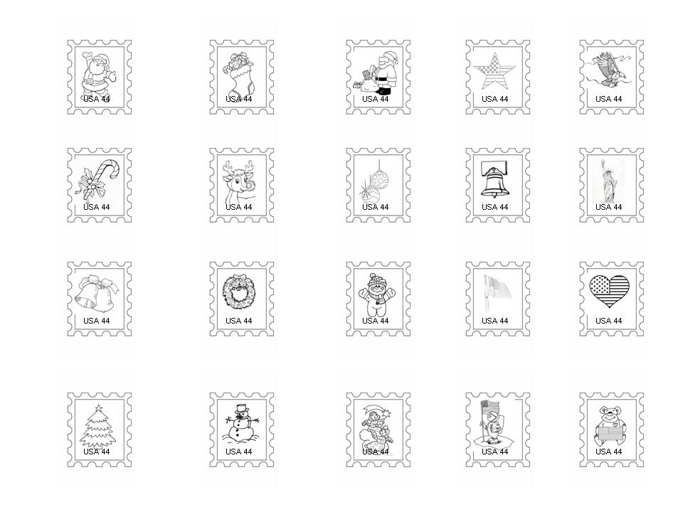 Grid of twenty outlined Christmas postage stamp drawings