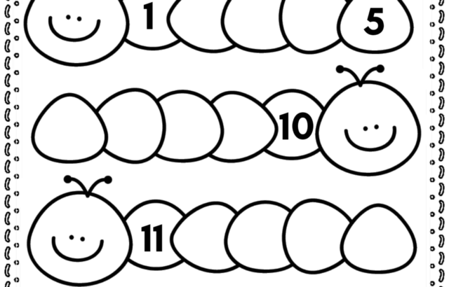 Caterpillar numbers worksheet with smiling caterpillars and clouds
