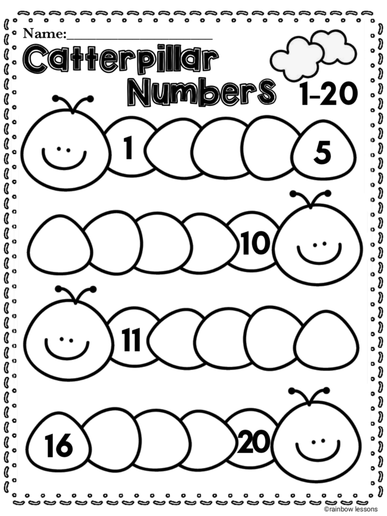 Caterpillar numbers worksheet with smiling caterpillars and clouds