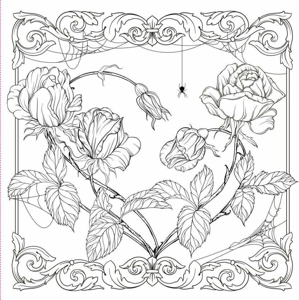 Black-and-white floral line art with ornate border