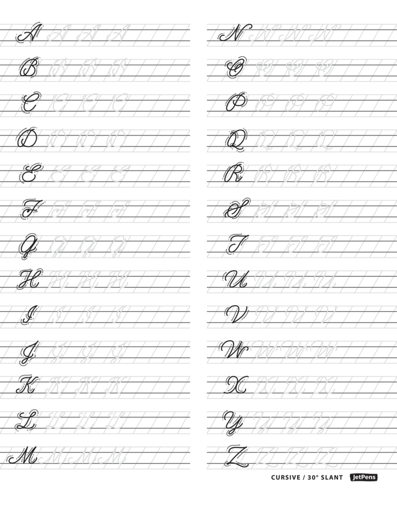 Cursive alphabet practice sheet with slanted letter guides
