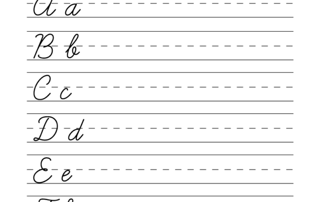 Cursive writing worksheet with letters A through G
