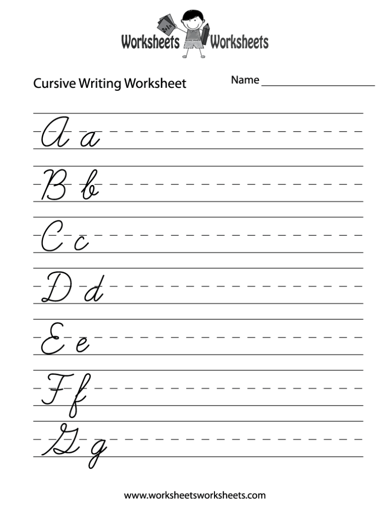 Cursive writing worksheet with letters A through G