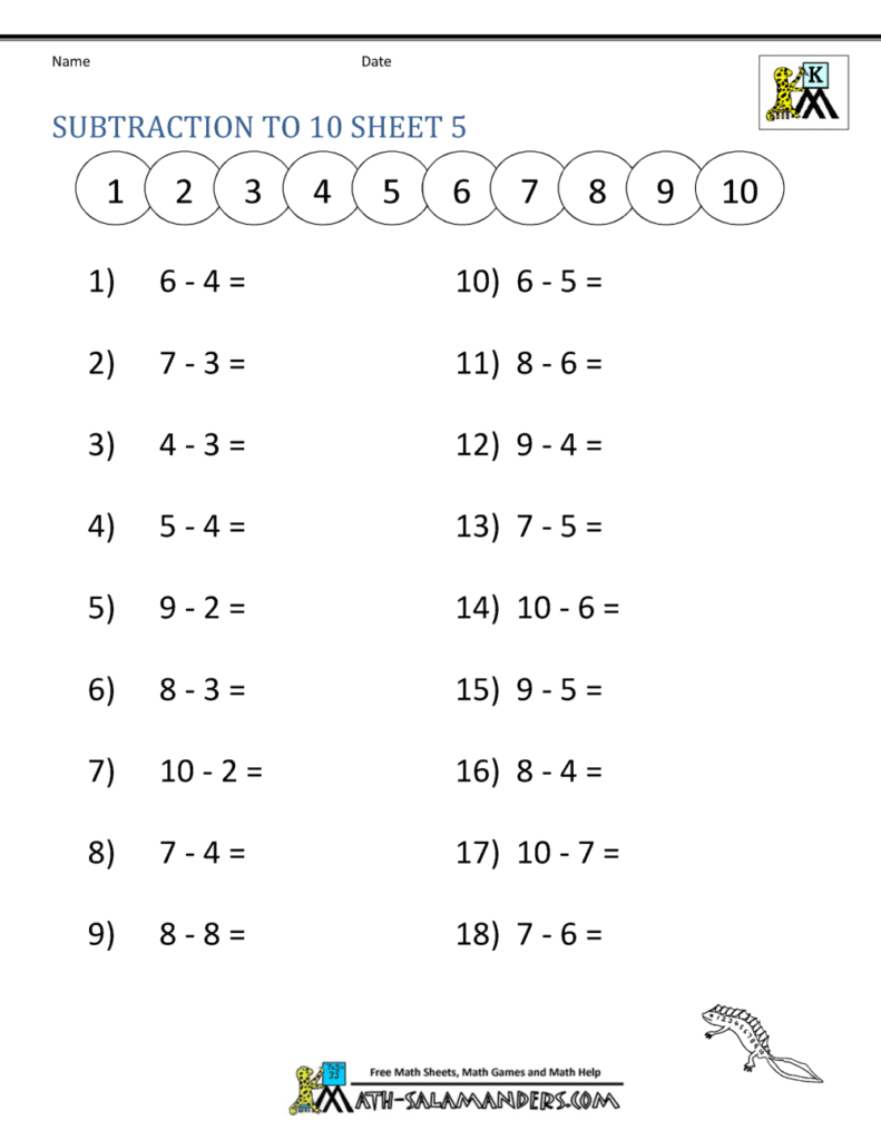 Subtraction worksheet with numbered equations and circles 1-10