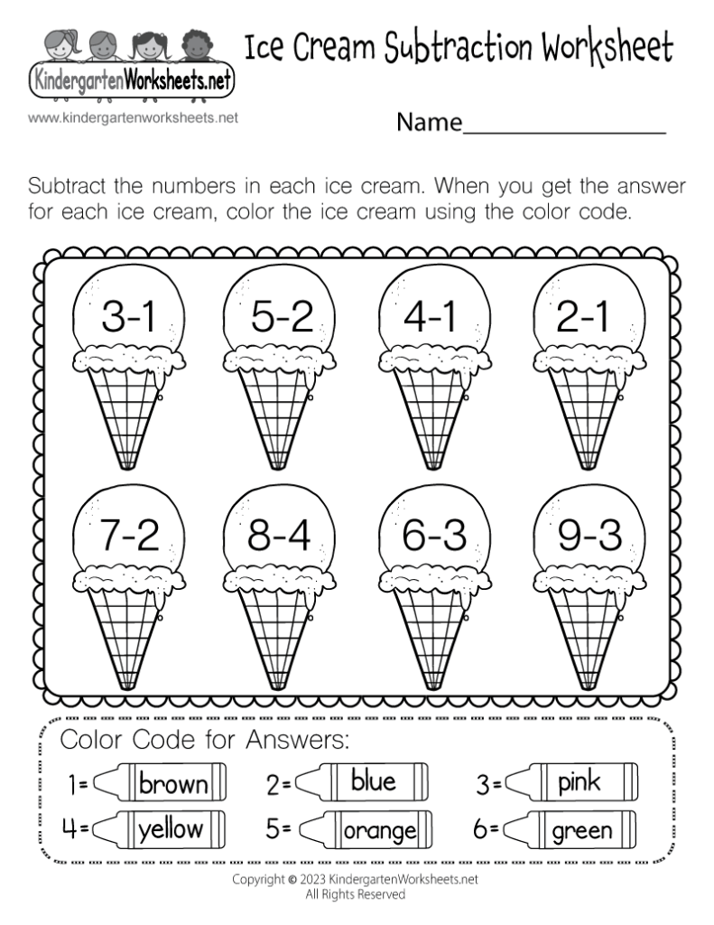 Ice cream subtraction worksheet with color code chart