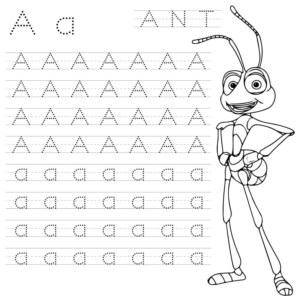 Alphabet tracing worksheet with ant and dotted letters