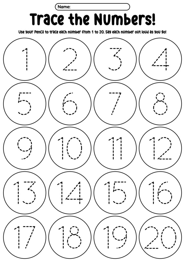 Children’s number tracing worksheet with circles 1 through 20