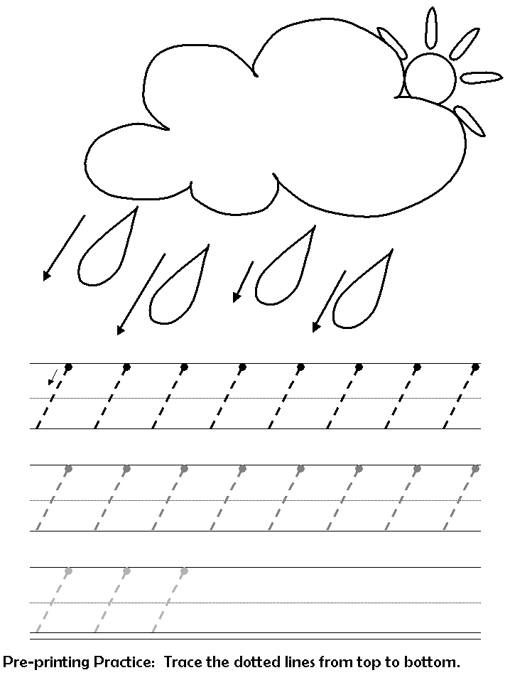 Pre-printing worksheet with cloud, sun, raindrops, and tracing lines