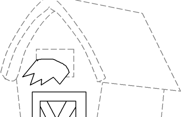 Dashed-outline house with door, window, cloud, sun.