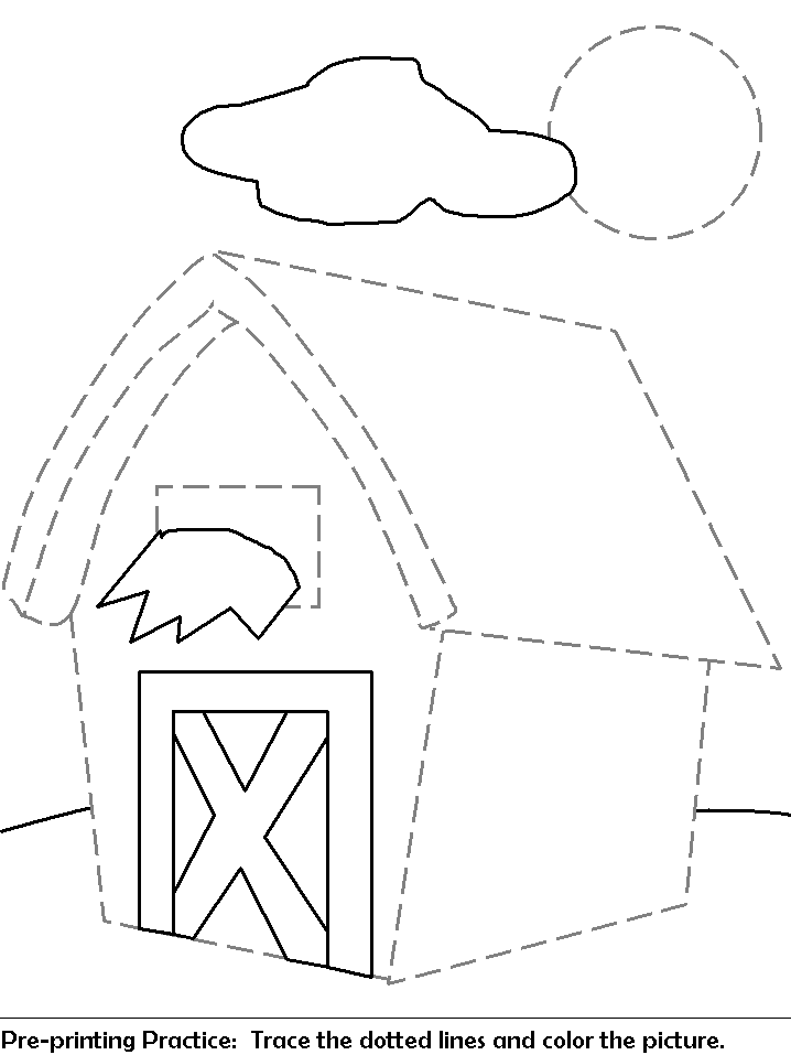 Dashed-outline house with door, window, cloud, sun.