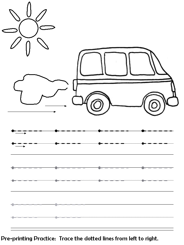 Sun in top left, smoke cloud behind van, dotted tracing lines