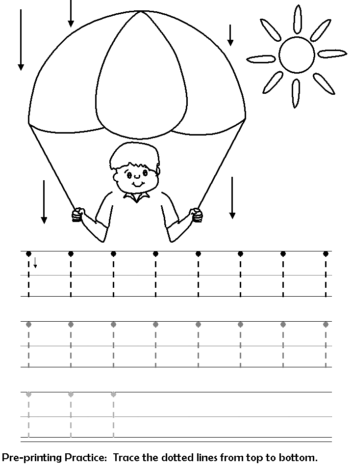 Children's tracing worksheet with parachute and sun