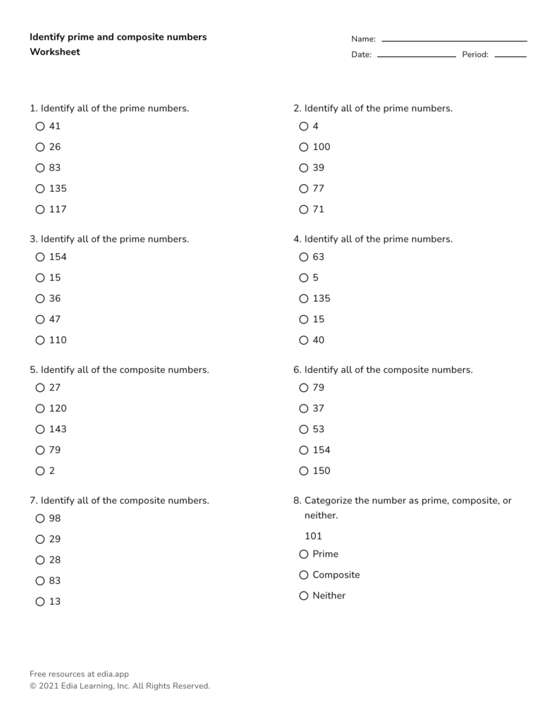 Prime and composite numbers worksheet with multiple-choice questions
