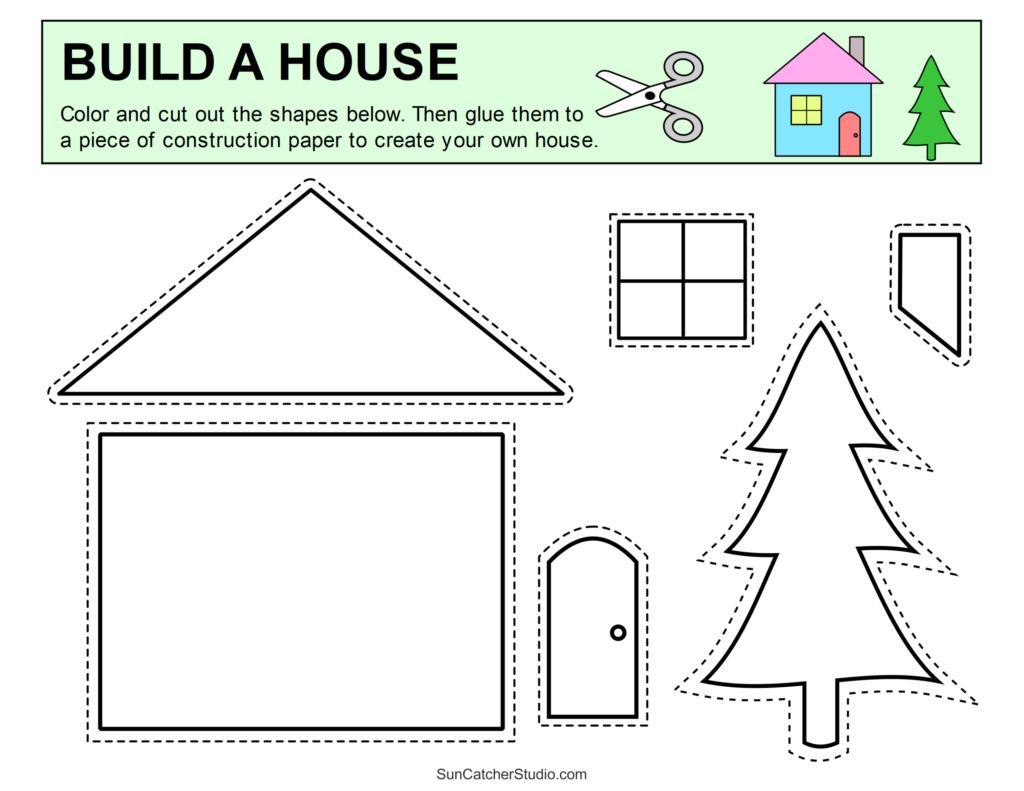 Build a house craft worksheet with cutout shapes