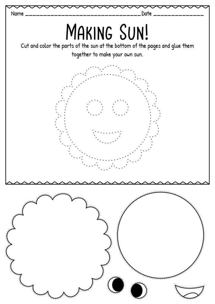 Black-and-white sun craft worksheet with cutout shapes and face parts