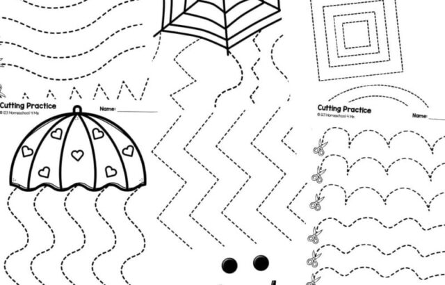 Printable cutting practice worksheet with dotted lines and shapes