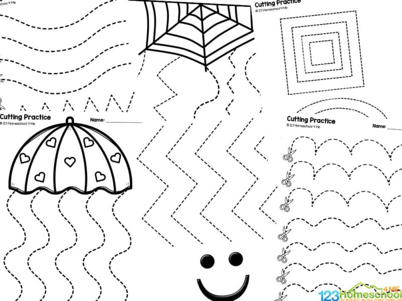 Printable cutting practice worksheet with dotted lines and shapes