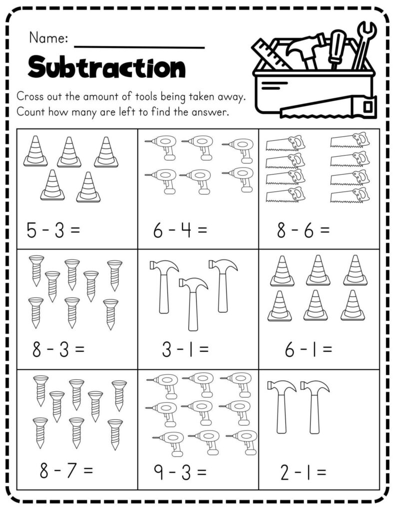 Black-and-white subtraction worksheet with tools and numbers test squares