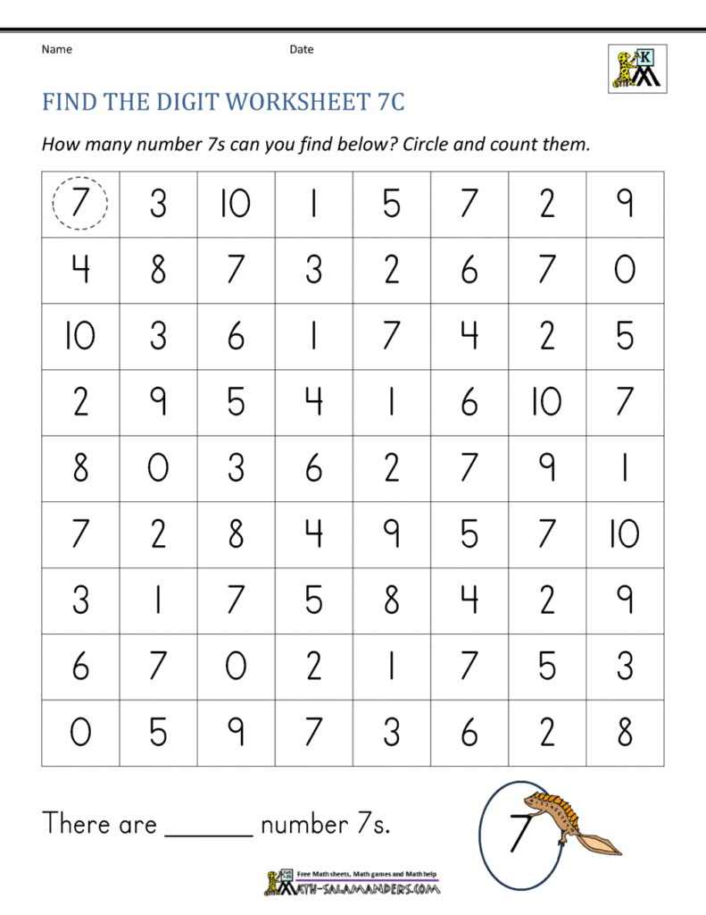 Math worksheet with grid of numbers and circled sevens